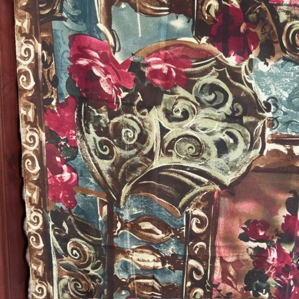Vintage Silk Scarf 1990s Baroque Floral Red Rose Teal Gold Scroll Print‎